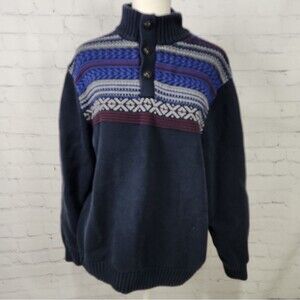 Chaps Navy Blue Turtleneck Sweater with Colorful Chest Design